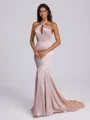 Sheath Halter Beading Sweep Train Silk Like Satin Corset Bridesmaid Dress