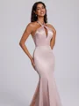Sheath Halter Beading Sweep Train Silk Like Satin Corset Bridesmaid Dress