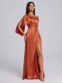 Sheath One-Shoulder Pleated Floor-Length Silk Like Satin Corset Bridesmaid Dress