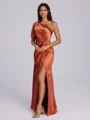 Sheath One-Shoulder Pleated Floor-Length Silk Like Satin Corset Bridesmaid Dress