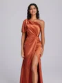 Sheath One-Shoulder Pleated Floor-Length Silk Like Satin Corset Bridesmaid Dress