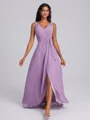 A-line V-neck Pleated Floor-Length Chiffon Corset Bridesmaid Dress