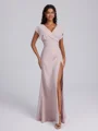 Sheath V-neck Short Sleeves Pleated Floor-Length Stretch Crepe Bridesmaid Dress