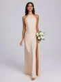 Sheath Halter Pleated Floor-Length Jersey Bridesmaid Dress