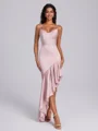 Sheath Spaghetti Straps Ruffles Floor-Length Silk Like Satin Corset Bridesmaid Dress