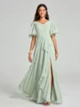 A-line/Princess V-neck Floor-Length Short Sleeves Chiffon Bridesmaid Dress