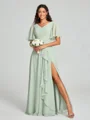 A-line/Princess V-neck Floor-Length Short Sleeves Chiffon Bridesmaid Dress