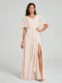A-line/Princess V-neck Floor-Length Short Sleeves Chiffon Bridesmaid Dress