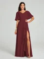 A-line/Princess V-neck Floor-Length Short Sleeves Chiffon Bridesmaid Dress
