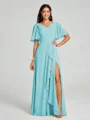 A-line/Princess V-neck Floor-Length Short Sleeves Chiffon Bridesmaid Dress