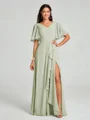A-line/Princess V-neck Floor-Length Short Sleeves Chiffon Bridesmaid Dress