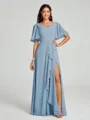 A-line/Princess V-neck Floor-Length Short Sleeves Chiffon Bridesmaid Dress