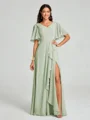 A-line/Princess V-neck Floor-Length Short Sleeves Chiffon Bridesmaid Dress