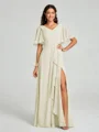 A-line/Princess V-neck Floor-Length Short Sleeves Chiffon Bridesmaid Dress