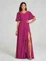 A-line/Princess V-neck Floor-Length Short Sleeves Chiffon Bridesmaid Dress