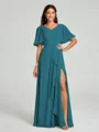 A-line/Princess V-neck Floor-Length Short Sleeves Chiffon Bridesmaid Dress
