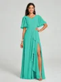 A-line/Princess V-neck Floor-Length Short Sleeves Chiffon Bridesmaid Dress