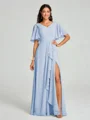 A-line/Princess V-neck Floor-Length Short Sleeves Chiffon Bridesmaid Dress