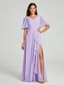 A-line/Princess V-neck Floor-Length Short Sleeves Chiffon Bridesmaid Dress