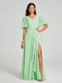 A-line/Princess V-neck Floor-Length Short Sleeves Chiffon Bridesmaid Dress