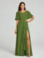 A-line/Princess V-neck Floor-Length Short Sleeves Chiffon Bridesmaid Dress