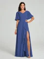 A-line/Princess V-neck Floor-Length Short Sleeves Chiffon Bridesmaid Dress
