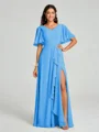 A-line/Princess V-neck Floor-Length Short Sleeves Chiffon Bridesmaid Dress