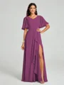 A-line/Princess V-neck Floor-Length Short Sleeves Chiffon Bridesmaid Dress