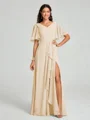 A-line/Princess V-neck Floor-Length Short Sleeves Chiffon Bridesmaid Dress