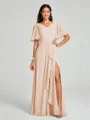 A-line/Princess V-neck Floor-Length Short Sleeves Chiffon Bridesmaid Dress