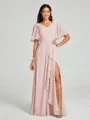A-line/Princess V-neck Floor-Length Short Sleeves Chiffon Bridesmaid Dress