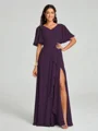 A-line/Princess V-neck Floor-Length Short Sleeves Chiffon Bridesmaid Dress