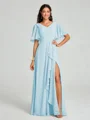 A-line/Princess V-neck Floor-Length Short Sleeves Chiffon Bridesmaid Dress