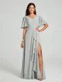 A-line/Princess V-neck Floor-Length Short Sleeves Chiffon Bridesmaid Dress