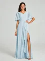 A-line/Princess V-neck Floor-Length Short Sleeves Chiffon Bridesmaid Dress