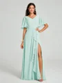 A-line/Princess V-neck Floor-Length Short Sleeves Chiffon Bridesmaid Dress