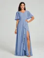 A-line/Princess V-neck Floor-Length Short Sleeves Chiffon Bridesmaid Dress