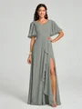 A-line/Princess V-neck Floor-Length Short Sleeves Chiffon Bridesmaid Dress