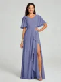 A-line/Princess V-neck Floor-Length Short Sleeves Chiffon Bridesmaid Dress
