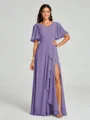 A-line/Princess V-neck Floor-Length Short Sleeves Chiffon Bridesmaid Dress
