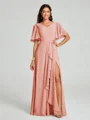 A-line/Princess V-neck Floor-Length Short Sleeves Chiffon Bridesmaid Dress