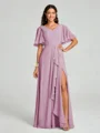 A-line/Princess V-neck Floor-Length Short Sleeves Chiffon Bridesmaid Dress