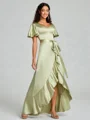 A-line/Princess V-neck Asymmetrical Short Sleeves Silk Like Satin Bridesmaid Dress