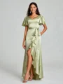 A-line/Princess V-neck Asymmetrical Short Sleeves Silk Like Satin Bridesmaid Dress