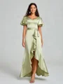 A-line/Princess V-neck Asymmetrical Short Sleeves Silk Like Satin Bridesmaid Dress