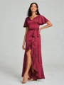 A-line/Princess V-neck Asymmetrical Short Sleeves Silk Like Satin Bridesmaid Dress