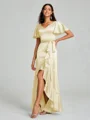 A-line/Princess V-neck Asymmetrical Short Sleeves Silk Like Satin Bridesmaid Dress