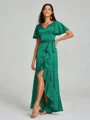 A-line/Princess V-neck Asymmetrical Short Sleeves Silk Like Satin Bridesmaid Dress