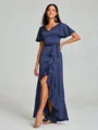A-line/Princess V-neck Asymmetrical Short Sleeves Silk Like Satin Bridesmaid Dress