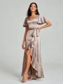 A-line/Princess V-neck Asymmetrical Short Sleeves Silk Like Satin Bridesmaid Dress